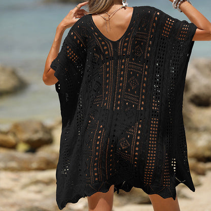 Women’s Beach Cover-Up – Soft Knit – Loose Fit – Open Knit – Scalloped Hem – Short Sleeve