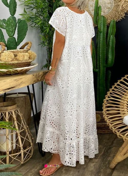 Women’s Maxi Dress – Natural Fibers – Relaxed Fit – Eyelet Embroidery – Flared Skirt