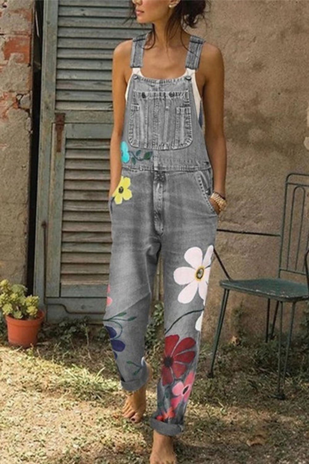 Women's Overall Jumpsuit - Denim - Relaxed Flowing Silhouette - Floral Print