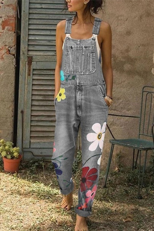 Women's Overall Jumpsuit - Denim - Relaxed Flowing Silhouette - Floral Print