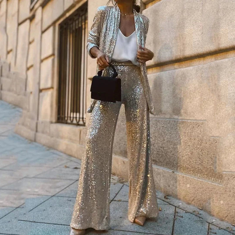 Women’s Two-Piece Set – Sequin Tailored Jacket – High-Waisted Wide-Leg Pants