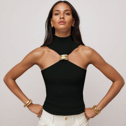 Women’s Tank Top – Slim Fit Halter Style – Soft Knit with Front Metal Ring