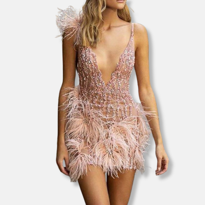 Women’s Cocktail Dress – Slim Fit Mini Length – V-Neck – Sequin and Feather Detail