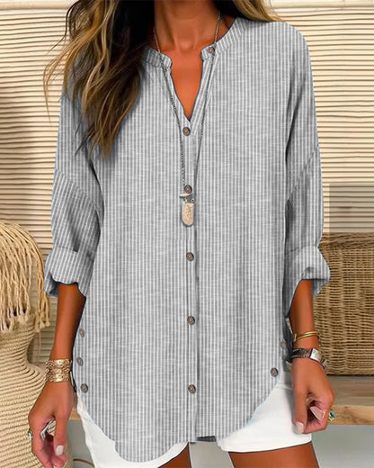 Women’s Blouse – Relaxed Fit – V-Neck Button Front – Striped – Breathable Blend