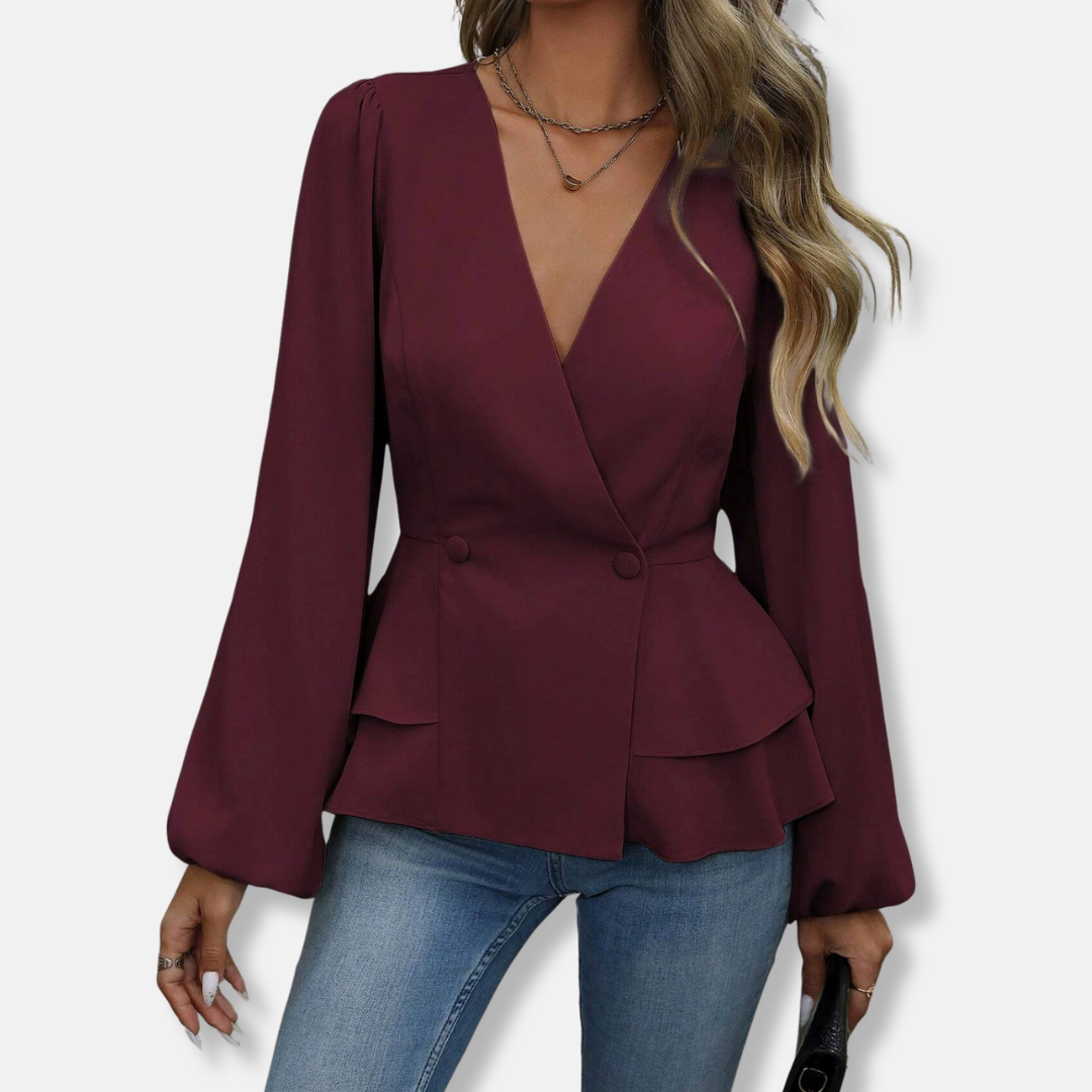 Women’s Blouse – Slim Fit – Wrap Front – Double-Breasted – Bishop Sleeve Peplum