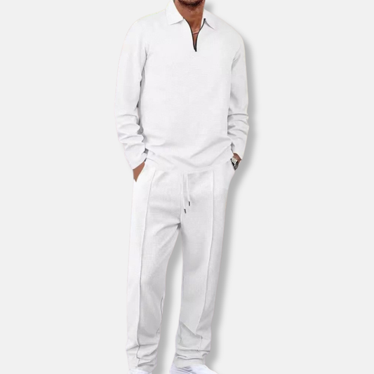 Men’s Sport Set – Slim Fit Knit – Quarter-Zip Polo Top – Tapered Ankle Pants
