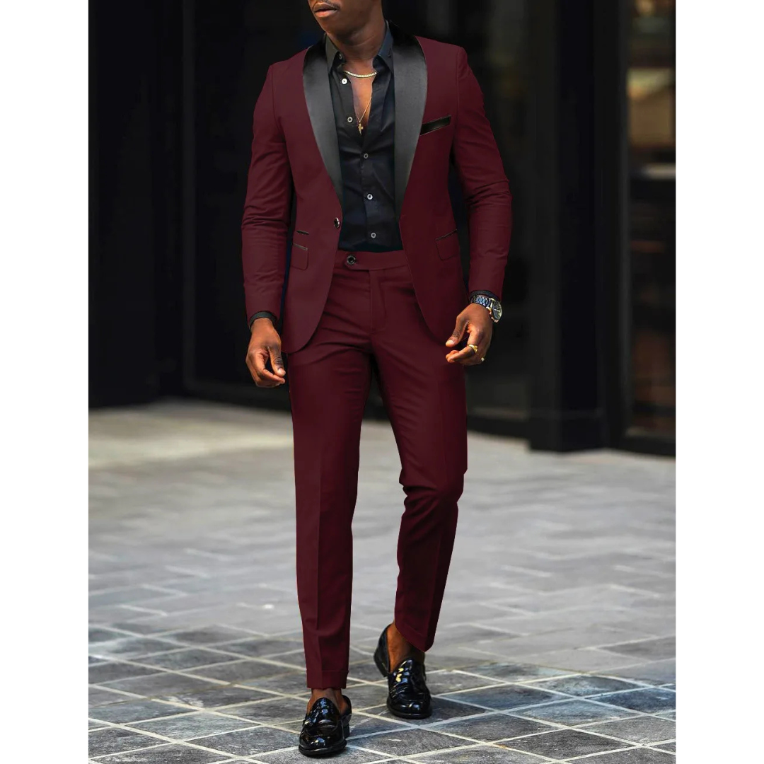 Men’s Slim Fit Suit – Satin Shawl Lapel – Tailored Blazer and Trousers Set