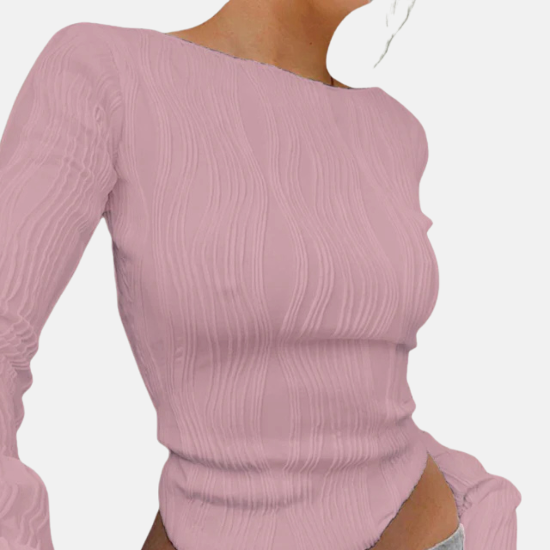 Women’s Long Sleeve Top - Sheer Stretch Knit - Cropped Length - Wide Boat Neckline