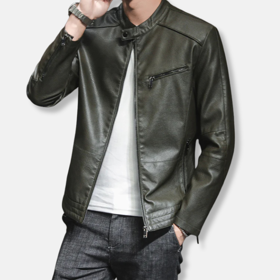 Men’s Biker Jacket – Slim Fit – Stand Collar – Zippered Pockets – Waist Length Design