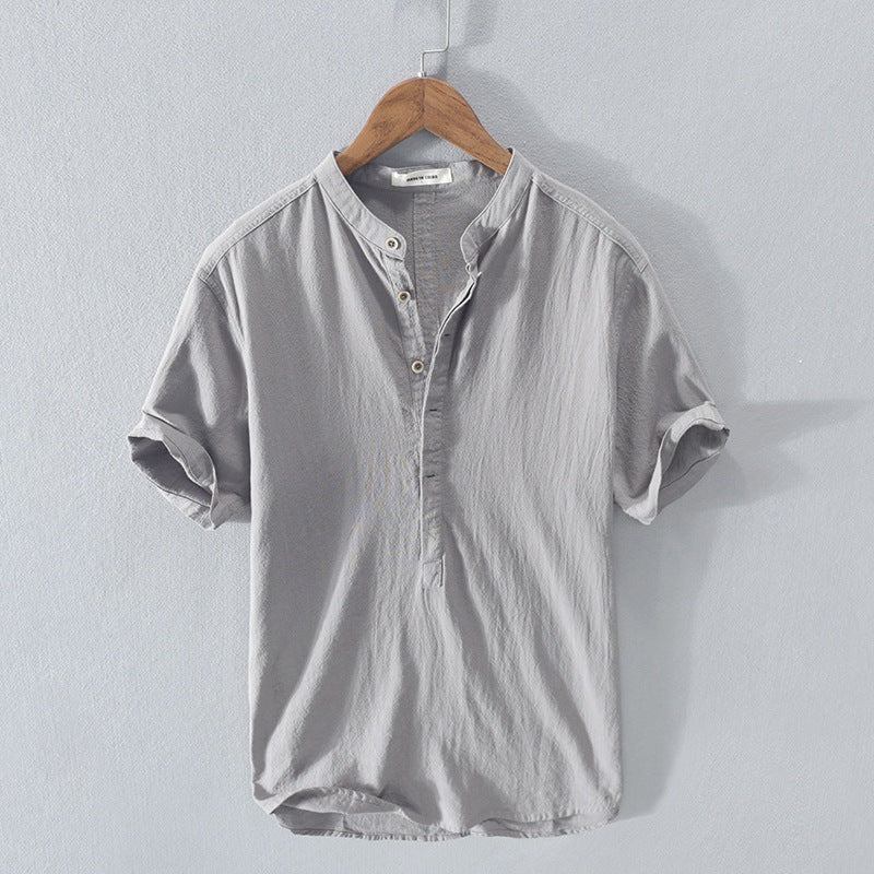 Men’s Short Sleeve Shirt – Relaxed Fit – Mandarin Collar – Natural Fibers – Casual Wear