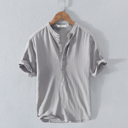 Men’s Short Sleeve Shirt – Relaxed Fit – Mandarin Collar – Natural Fibers – Casual Wear