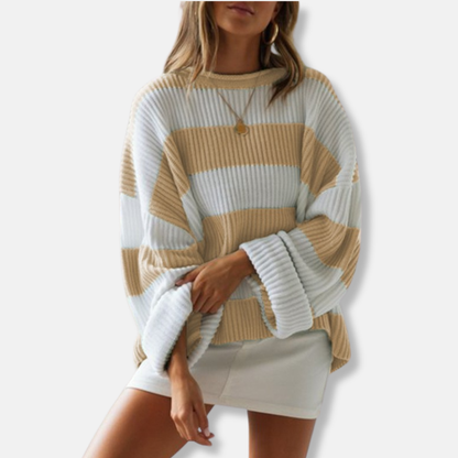 Olivia Cotton Oversized Sweater | Striped Ribbed Crewneck Sweater