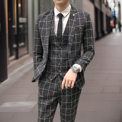 Men’s 3-Piece Suit – Slim Fit – Grid Pattern – Wool Look – Formal Business Wear