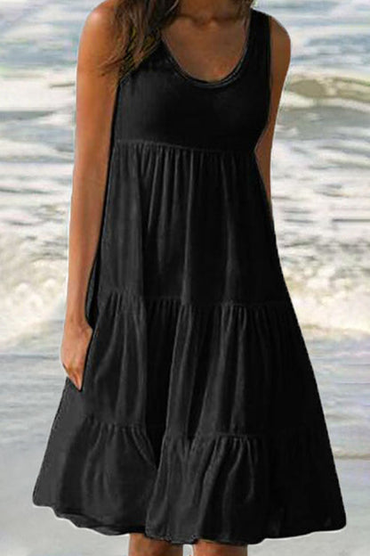 Women's Sleeveless Tiered Dress - Scoop Neck A-Line - Flowy Lightweight Casual Wear