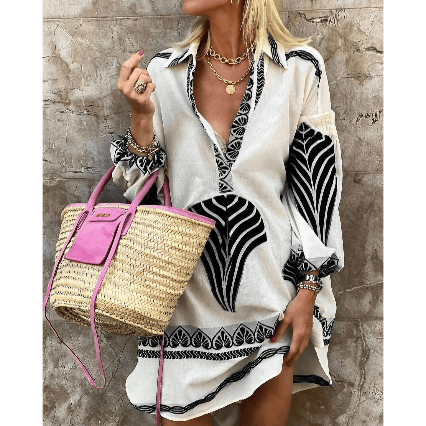 Women's Tunic Dress - Boho Chic - V-Neck - Long Sleeve - Lightweight & Relaxed Fit