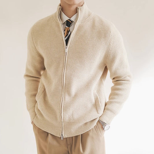 Men’s Cardigan – Slim Fit Wool Blend – Zip Front High Collar Ribbed Knit