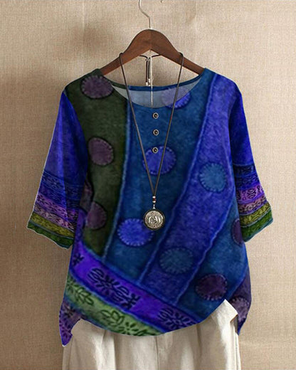 Women’s Boho Top – Relaxed Fit – Natural Fiber – Button Front – 3/4 Sleeve Casual Wear