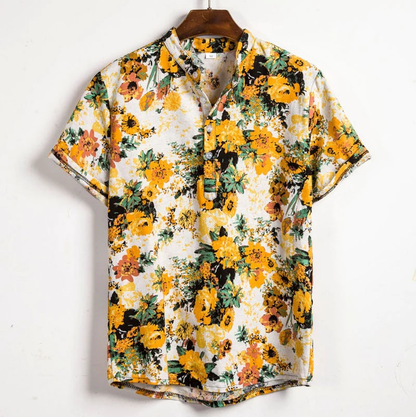 Men’s Short Sleeve Shirt – Relaxed Fit – Breathable Blend – Mandarin Collar – Floral Print