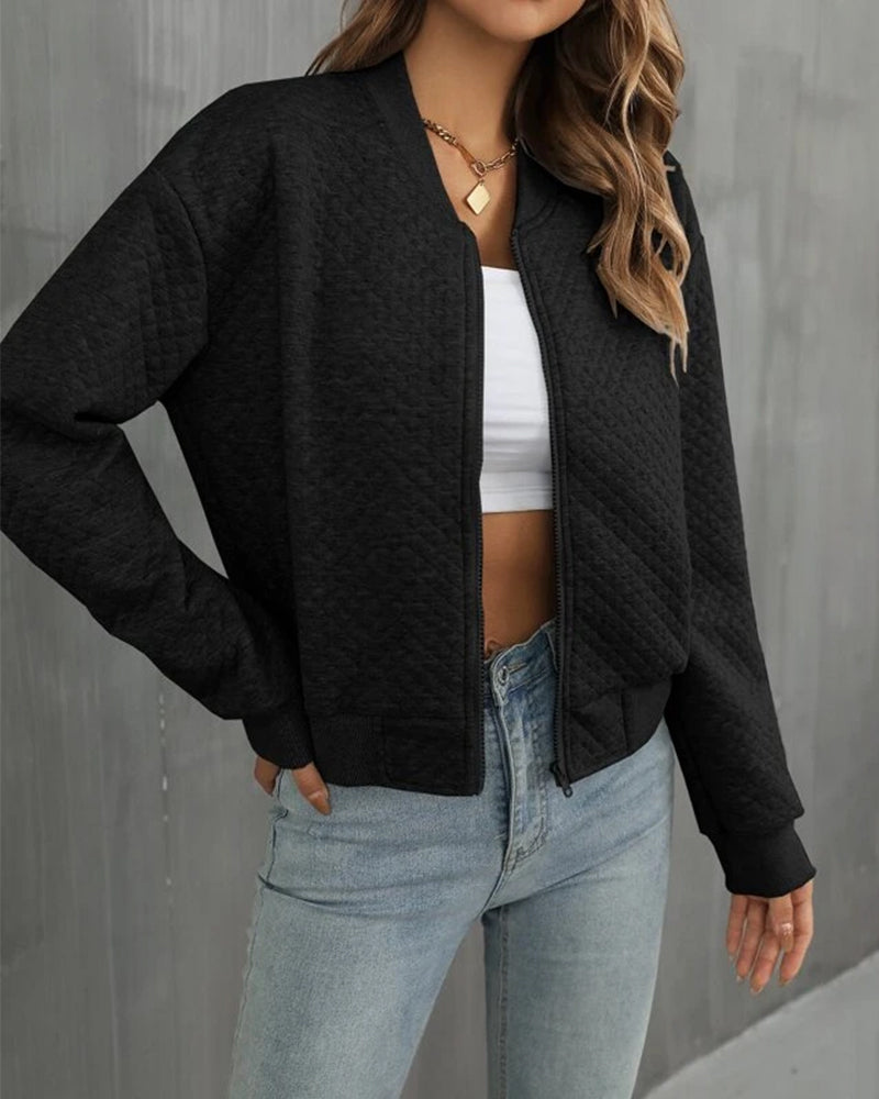Women’s Bomber Jacket – Quilted Texture – Cropped Fit – Zip Front – Ribbed Trim