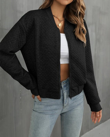 Women’s Bomber Jacket – Quilted Texture – Cropped Fit – Zip Front – Ribbed Trim