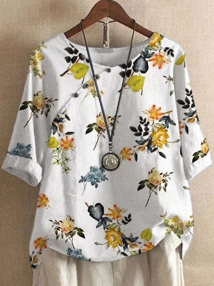Women’s Blouse – Relaxed Fit – Floral Print – Mid Sleeve – Round Neck – Cotton Feel