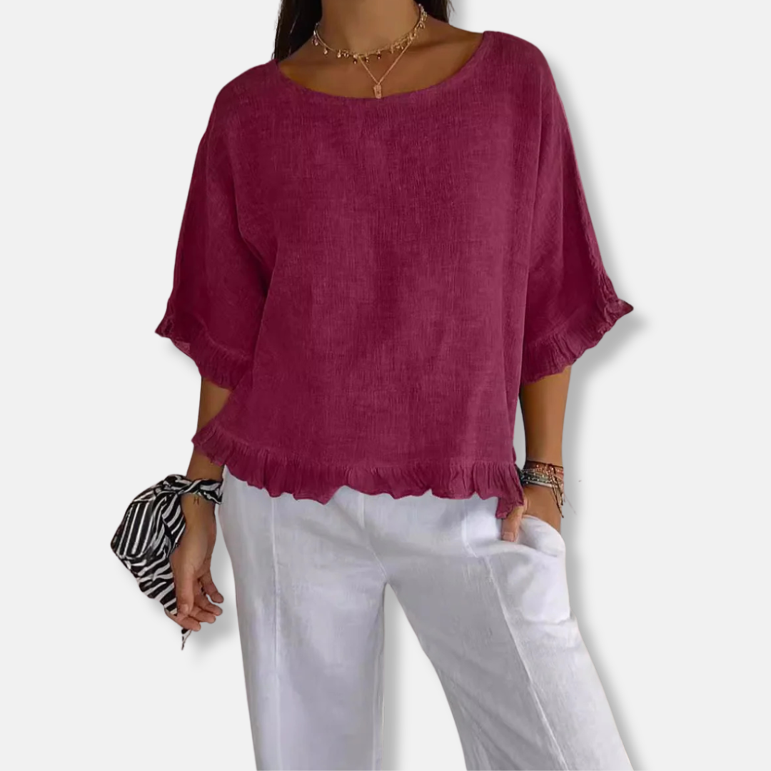 Women’s Blouse – Loose Fit – Short Sleeve – Ruffle Detail – Lightweight Woven
