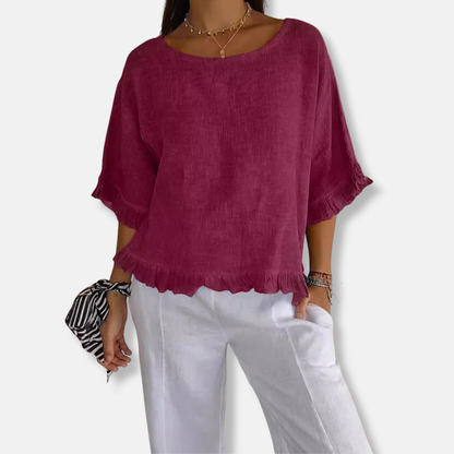 Women’s Blouse – Loose Fit – Short Sleeve – Ruffle Detail – Lightweight Woven