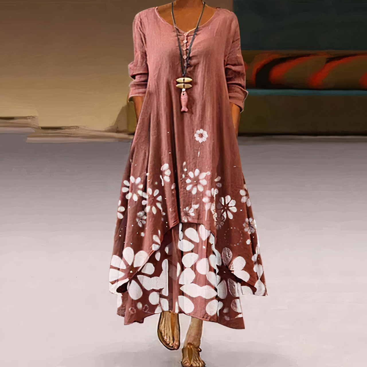 Women's Maxi Dress - Long Sleeve - Flowing Fit - Round Neck - Button Front - Floral Print