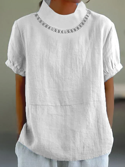 Women’s Blouse – Relaxed Fit – Short Sleeve Rolled Cuffs – Decorative Neckline – Breathable Blend