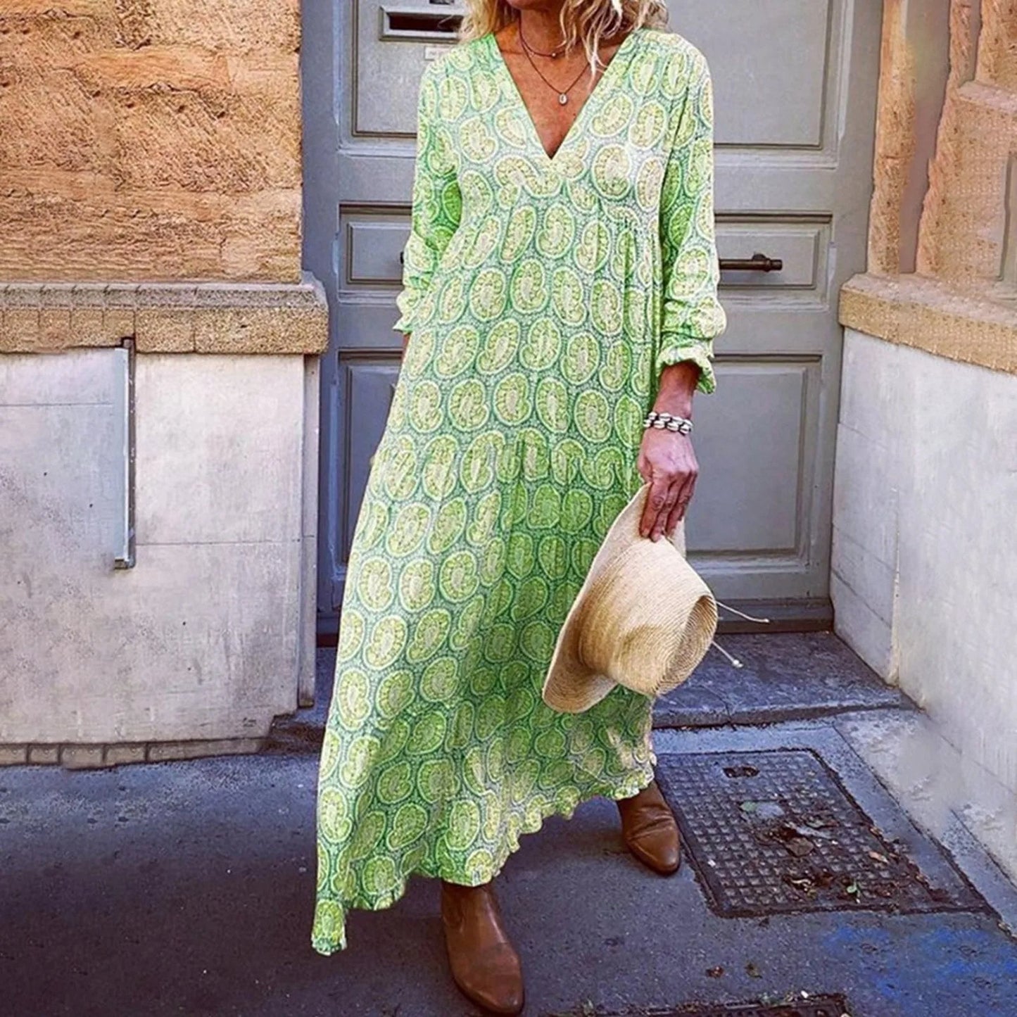 Women’s Maxi Dress – Geometric Print – V-Neck – Long Sleeve – Relaxed Fit – Breathable Blend