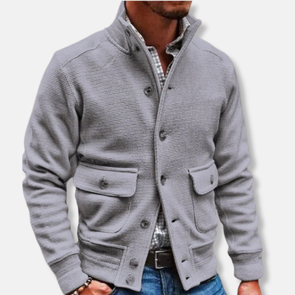 Men’s Jacket – Slim Fit – High Collar – Soft Textured Fabric – Button Front – Flap Pockets