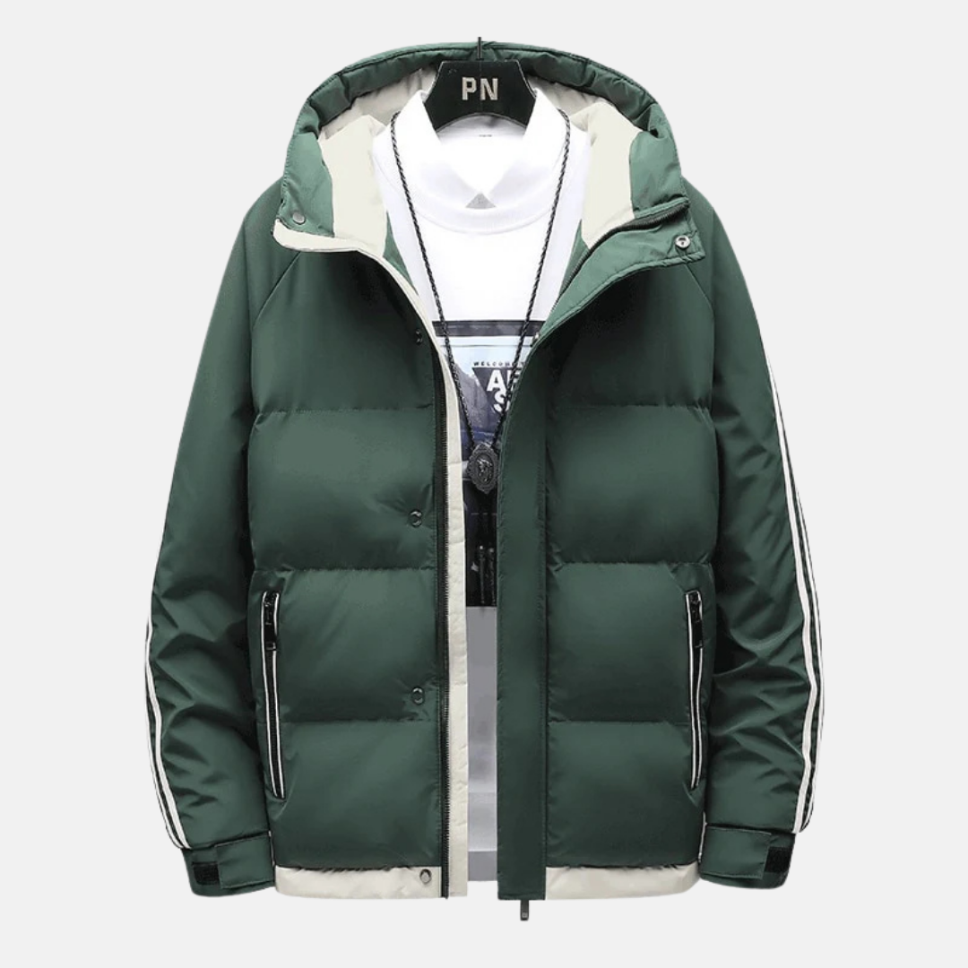 Noah Quilted Hooded Puffer Jacket | Striped Sleeves Front Pockets Puffer Jacket