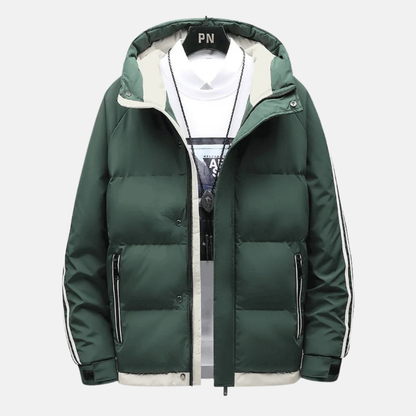 Noah Quilted Hooded Puffer Jacket | Striped Sleeves Front Pockets Puffer Jacket