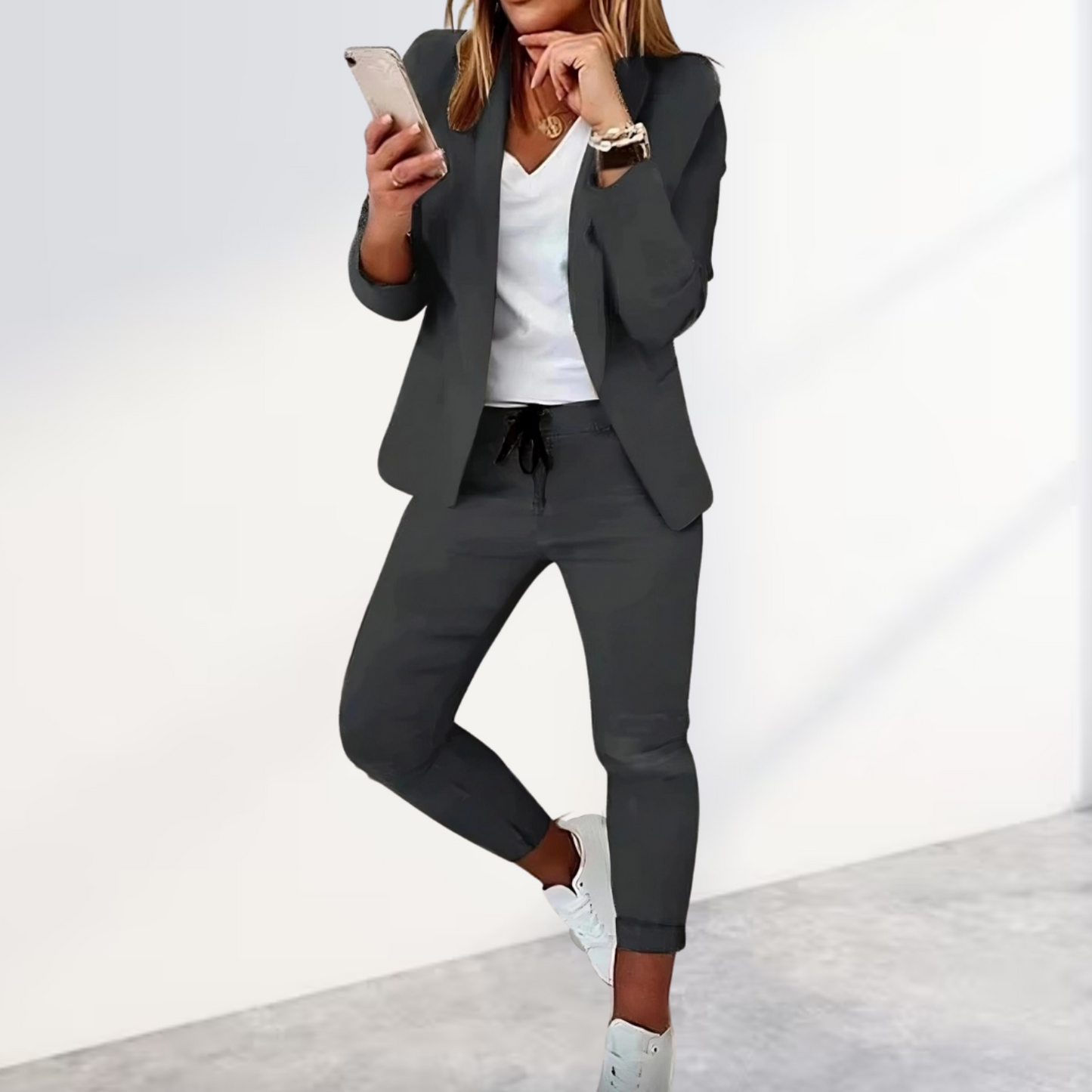 Women’s Blazer & Pants Set – Tailored Fit – Woven Fabric – Drawstring Waist – Business Casual