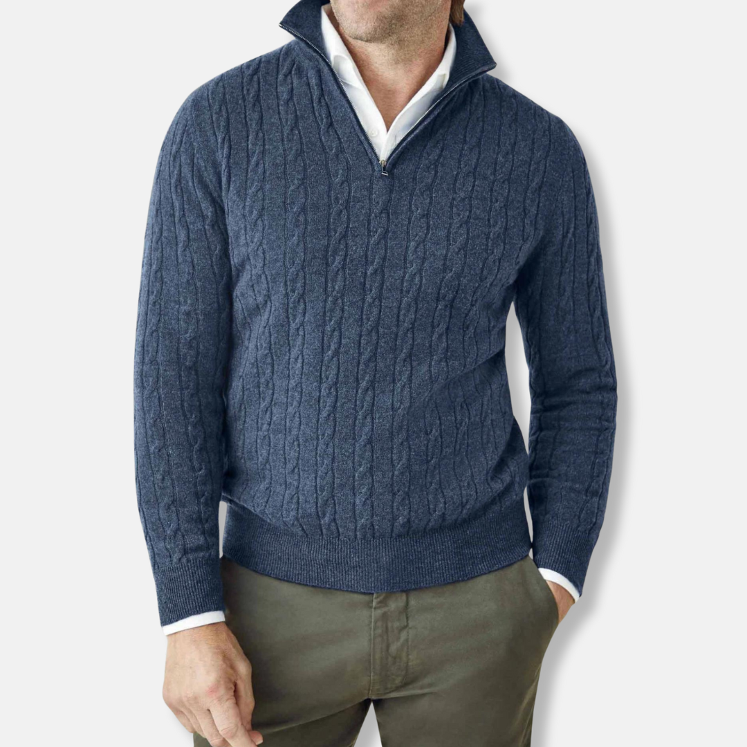 Freddie Cable Knit Stand Collar Sweater | Regular Fit Hip-Length Sweater