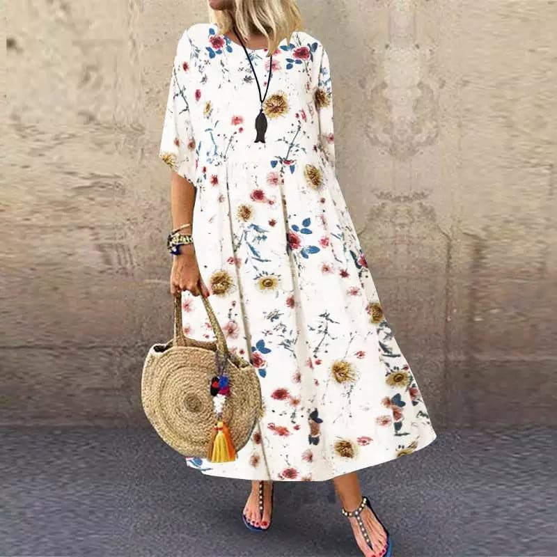 Women’s Long Dress – A-Line Fit – Floral Print – Mid Sleeve – Breathable Blend