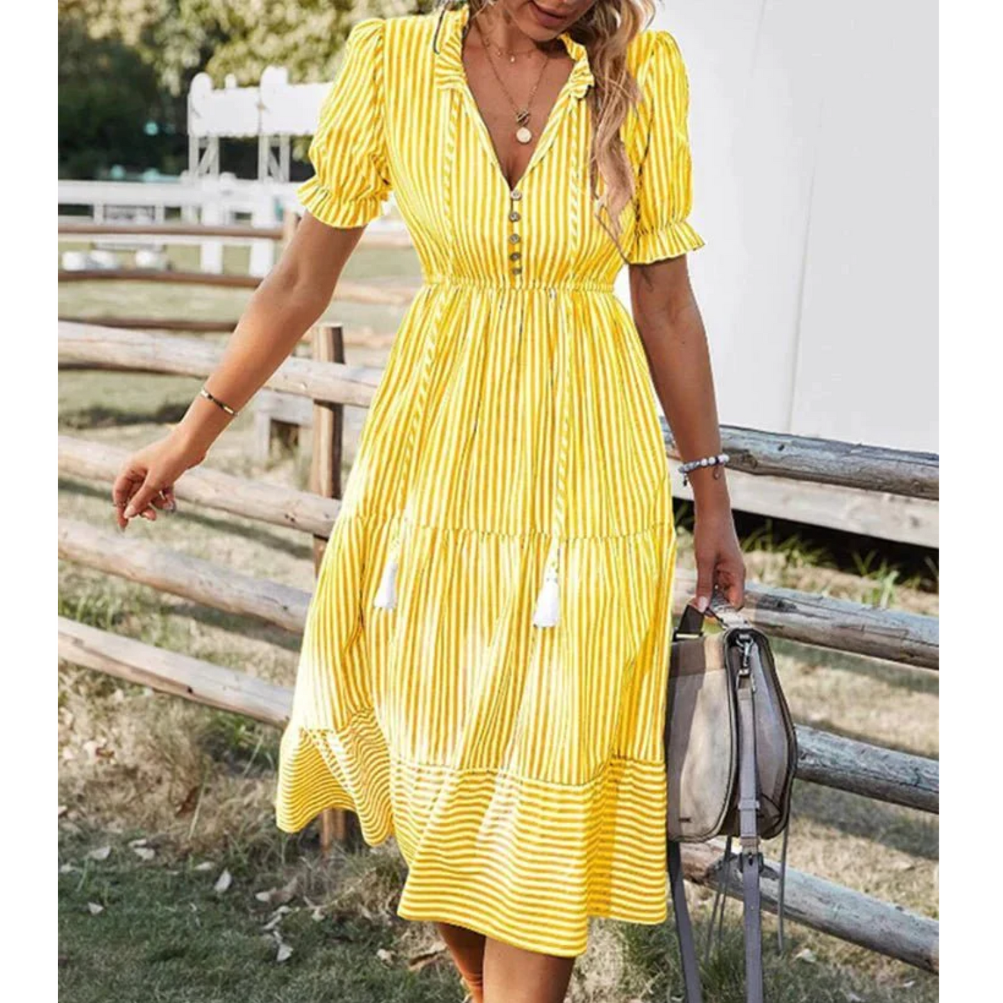 Women's Midi Dress - V-Neck Button Down - Puff Sleeve Tiered Flared Skirt - Tassel Waist