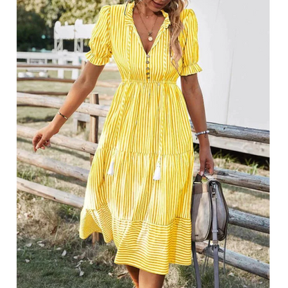 Women's Midi Dress - V-Neck Button Down - Puff Sleeve Tiered Flared Skirt - Tassel Waist