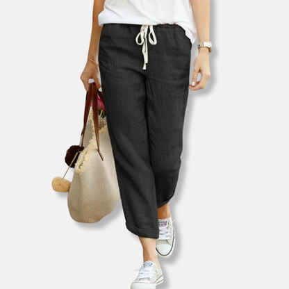 Women’s Trousers – Linen – Relaxed Fit – Drawstring Waist – Full Length Casual Wear