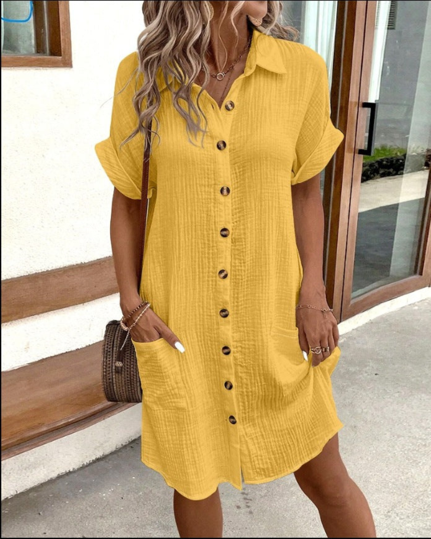 Women’s Shirt Dress – Relaxed Fit – Breathable Blend – Button Front – Midi Length