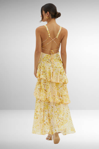 Women’s Maxi Dress – Slim Fit Bodice – Tiered Skirt – Deep V-Neck – Luxury Fabric