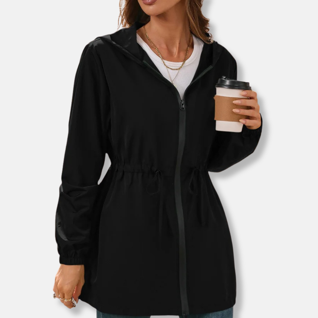 Women's Raincoat Jacket – Waterproof Hooded – Adjustable Waist – Mid-Thigh Length