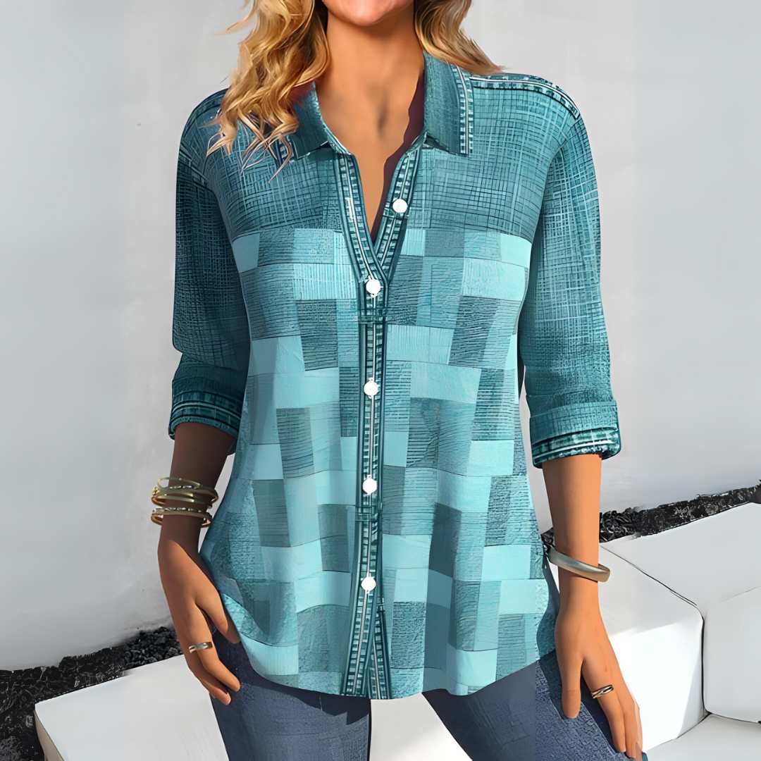 Women’s Blouse – Relaxed Fit – Button Down – Patchwork Design – Cotton Blend – 3/4 Sleeve