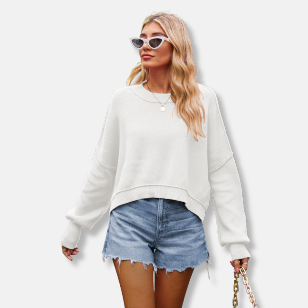 Women’s Sweatshirt – Relaxed Fit – Cropped Length – Ribbed Cuffs and Hem – Cotton
