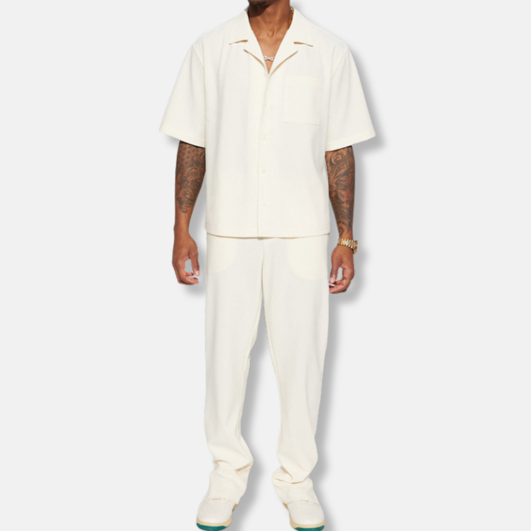 Men’s Casual Set – Relaxed Fit – Short Sleeve Collared Shirt – Full-Length Pants – Breathable Blend