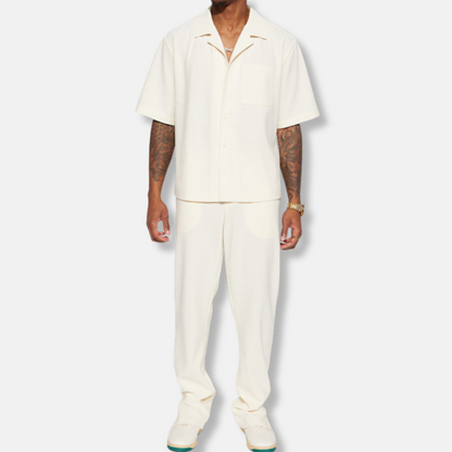 Men’s Casual Set – Relaxed Fit – Short Sleeve Collared Shirt – Full-Length Pants – Breathable Blend