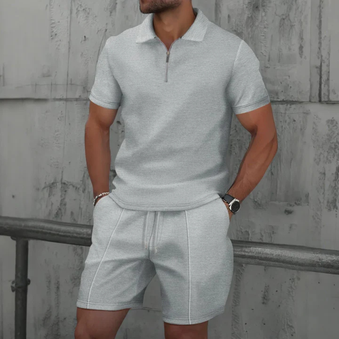Men’s Co-ord Set – Tailored Slim Fit – Soft Knit – Zip Polo – Mid-Thigh Shorts