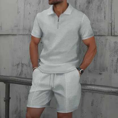 Men’s Co-ord Set – Tailored Slim Fit – Soft Knit – Zip Polo – Mid-Thigh Shorts