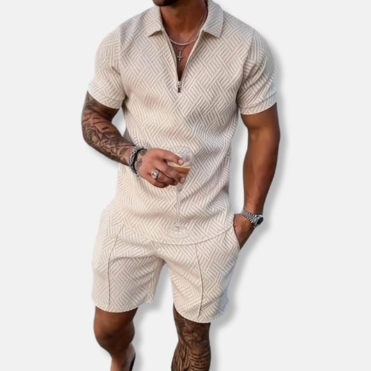 Men’s Polo Shirt and Shorts Set – Slim Fit – Breathable Blend – Zip Placket – Casual Wear