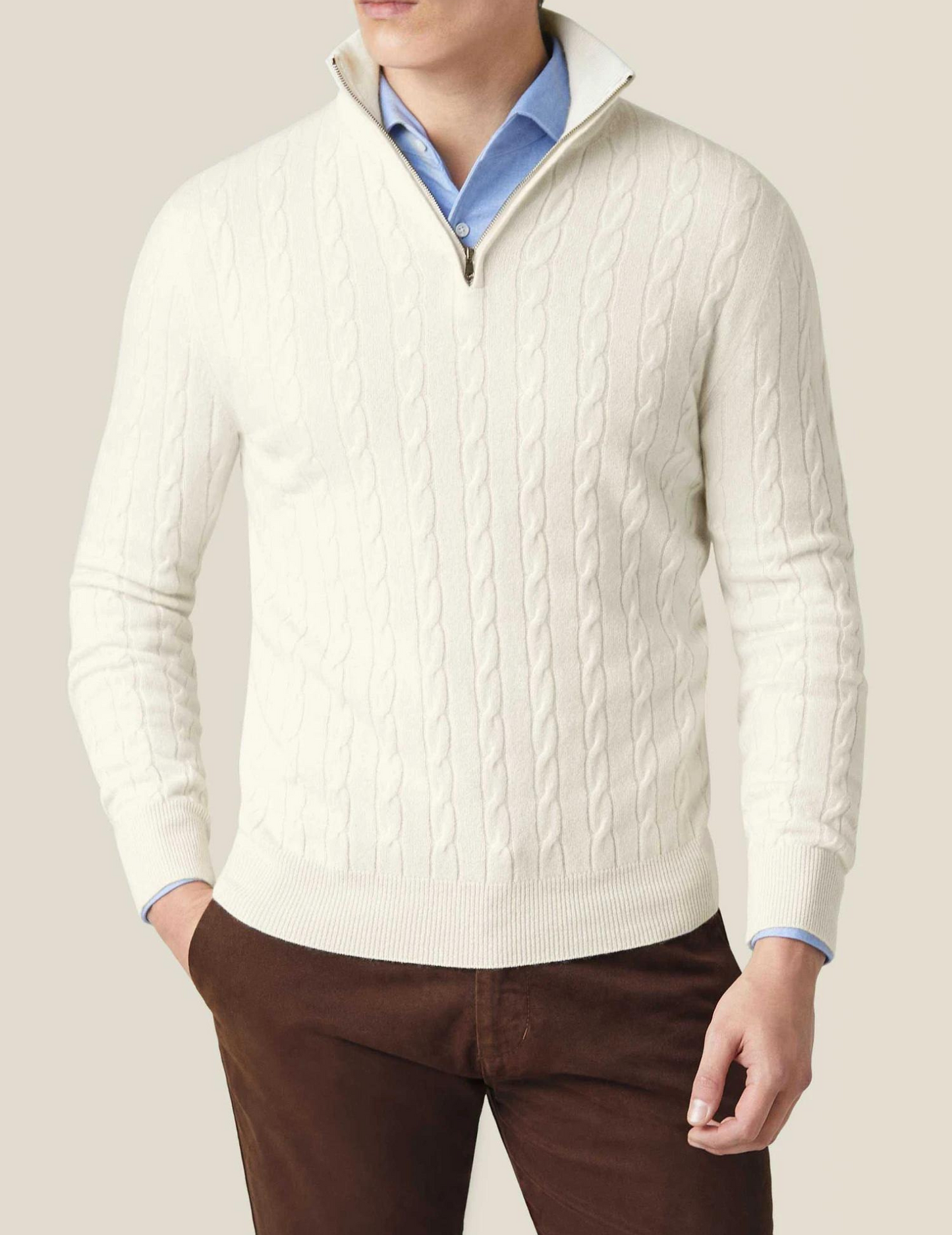 Men’s Cable Knit Sweater – Wool Blend – Half Zip – Stand Collar – Smart Casual Fit